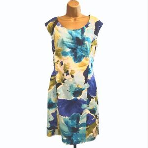 NWT Trad Wife Old Money Floral Artsy Watercolor Cap Sleeve Dress 12 Blue Green